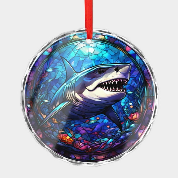 Crystal Glass Christmas Ornament Grey Shark Blue Aquatic Undersea Stained Glass Style (Flat Design, Not Raised) Sharks Lover Holiday Ornaments for Xmas Tree