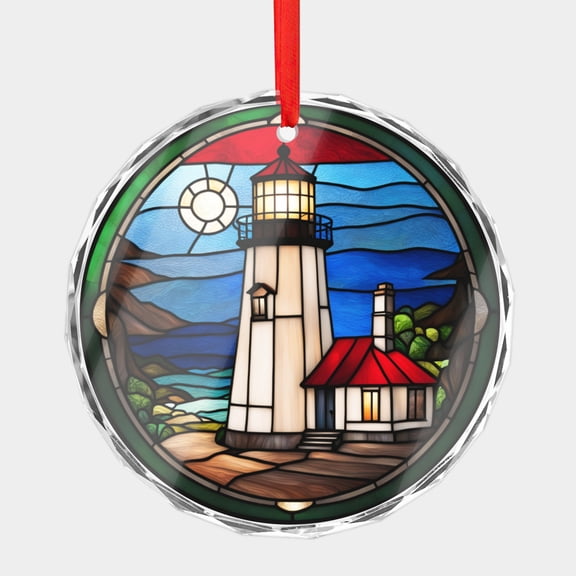 Crystal Glass Christmas Ornament Lighthouse at the Ocean Stained Glass Style (Flat Design, Not Raised) for Sailor Nautical Holiday Ornaments for Xmas Tree
