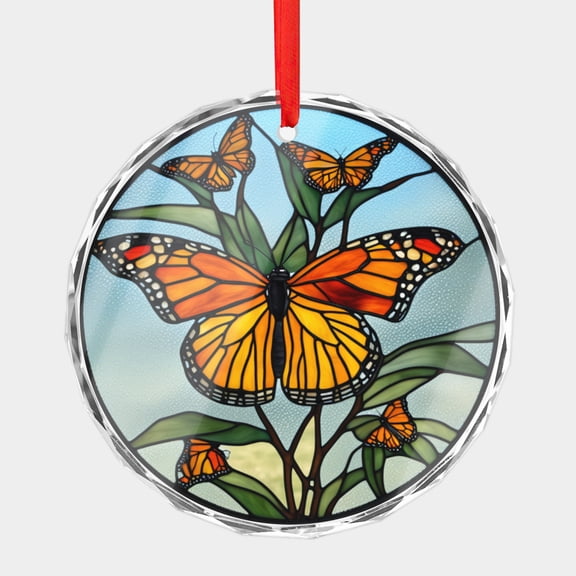 Crystal Glass Christmas Ornament Orange Monarch Butterfly Stained Glass Style (Flat Design, Not Raised) Butterflies Lover Holiday Ornaments for Xmas Tree