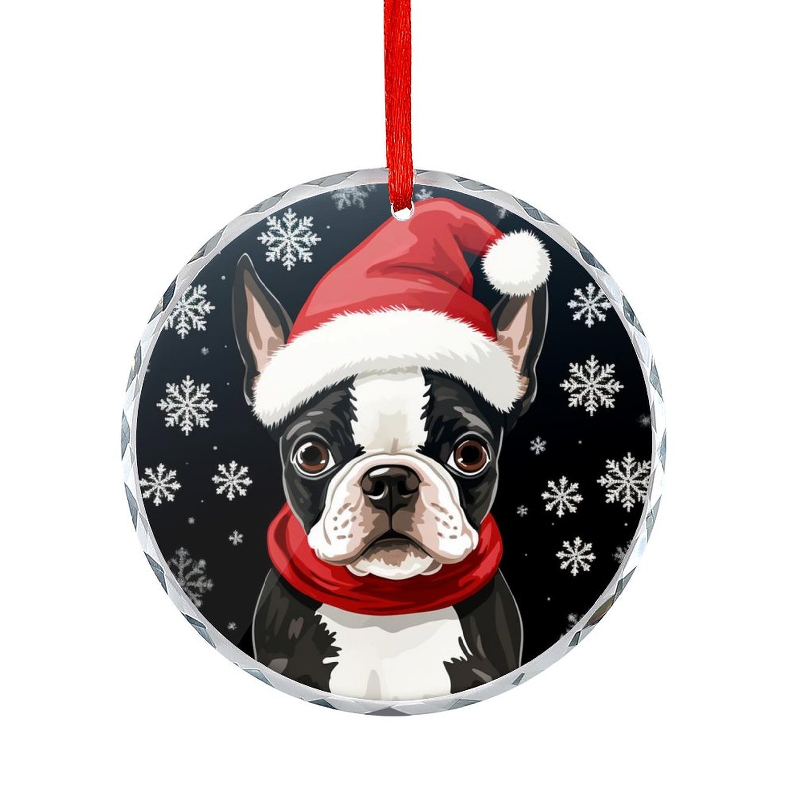 Crystal Glass Christmas Ornament Peeking Dog Boston Terrier in Santa