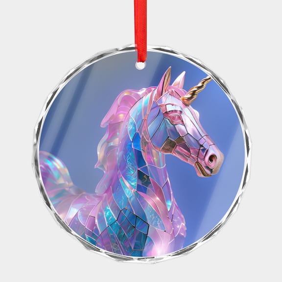 Crystal Glass Christmas Ornament Pink and Blue Unicorn with a Gold Horn Blue Stained Glass Style (Flat Design, Not Raised) Unicorns Lover Holiday Ornaments for Xmas Tree