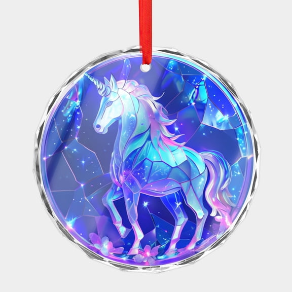 Crystal Glass Christmas Ornament Pink Blue Unicorn with a Horn Cool Stained Glass Style (Flat Design, Not Raised) Unicorns Lover Holiday Ornaments for Xmas Tree