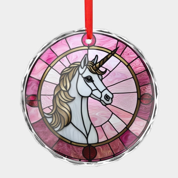 Crystal Glass Christmas Ornament Pink Gold and White Unicorn Stained Glass Style (Flat Design, Not Raised) Unicorns Lover Holiday Ornaments for Xmas Tree