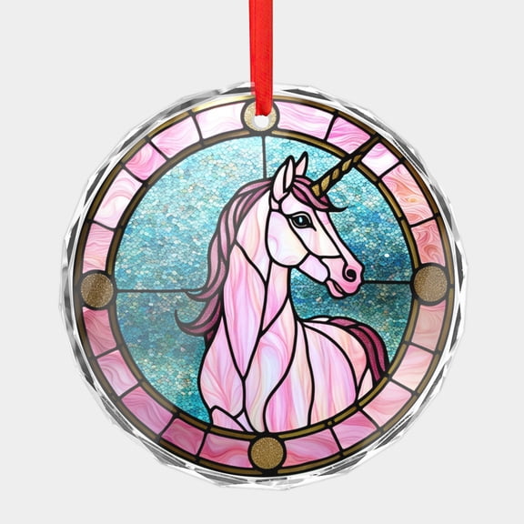 Crystal Glass Christmas Ornament Pink Unicorn on Blue Stained Glass Style (Flat Design, Not Raised) Unicorns Lover Holiday Ornaments for Xmas Tree