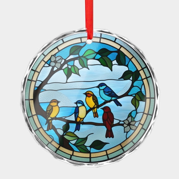Crystal Glass Christmas Ornament Pretty 4 Birds on a Tree Branch Stained Glass Style (Flat Design, Not Raised) Four Birds Holiday Ornaments for Xmas Tree
