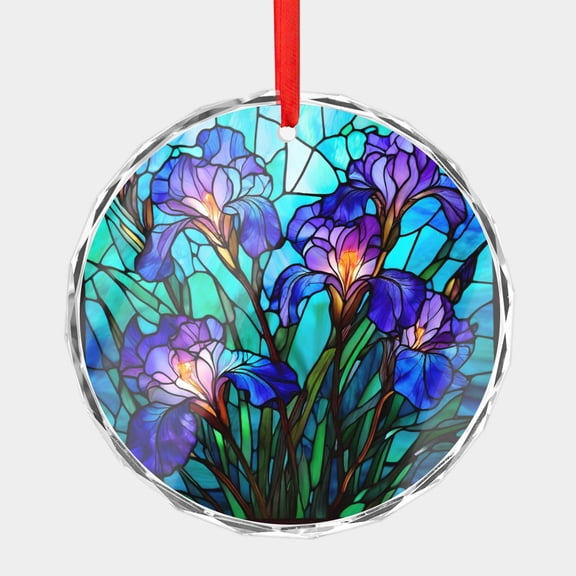 Crystal Glass Christmas Ornament Pretty Irises Stained Glass Style (Flat Design, Not Raised) Iris Flowers Art Floral Holiday Ornaments for Xmas Tree