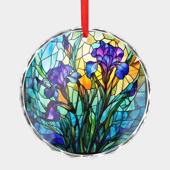 Crystal Glass Christmas Ornament Purple Irises Stained Glass Style (Flat Design, Not Raised) Iris Flowers Art Floral Holiday Ornaments for Xmas Tree