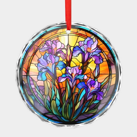 Crystal Glass Christmas Ornament Purple Irises Stained Glass Style (Flat Design, Not Raised) Iris Flowers Floral Holiday Ornaments for Xmas Tree