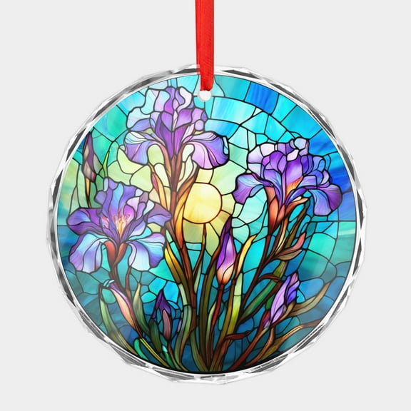 Crystal Glass Christmas Ornament Purple Irises Stained Glass Style (Flat Design, Not Raised) Iris Flowers Garden Floral Holiday Ornaments for Xmas Tree
