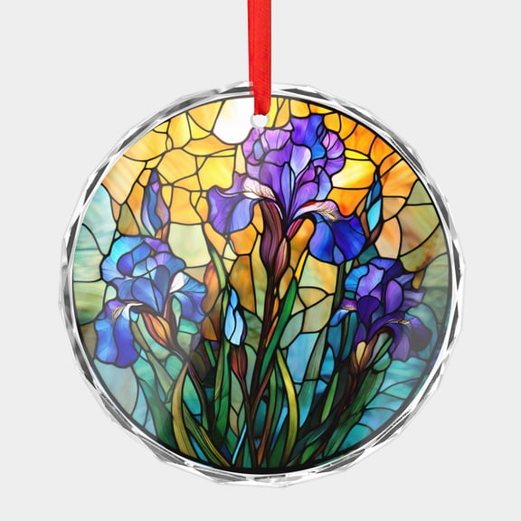 Crystal Glass Christmas Ornament Purple Irises Stained Glass Style (Flat Design, Not Raised) Iris Flowers Unique Floral Holiday Ornaments for Xmas Tree
