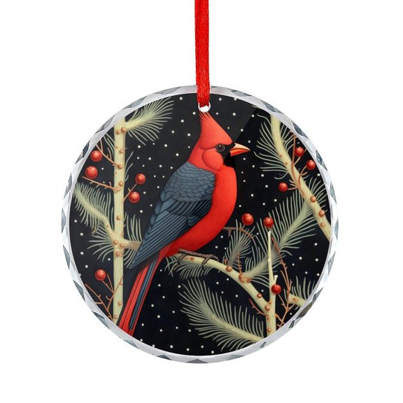 Crystal Glass Christmas Ornament Red Cardinal Sits On A Pine Branch In The Winter Christmas Ornament Round Glass Christmas Cardinal Hanging Ornaments Xmas Tree Decor for Family Friends Lovers