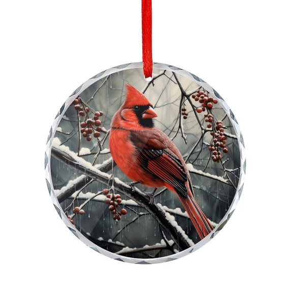 Crystal Glass Christmas Ornament Red Cardinal Sitting On A Tree Branch In The Winter Round Glass Hanging Ornament Vintage Birds Xmas Tree Decorations