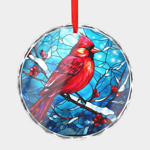Crystal Glass Christmas Ornament Stained Glass Style (Flat Design, Not Raised) Red Cardinal Bird Winter Snow Berry Branch Flat Print Blue Mosaic Design Holiday Ornaments for Xmas Tree