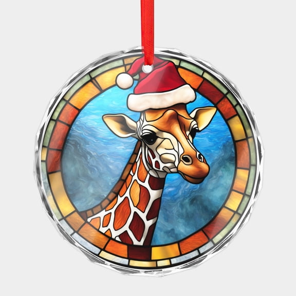 Crystal Glass Christmas Ornament Unique Giraffe in a Santa Hat Stained Glass Style (Flat Design, Not Raised) Art Safari Animals Holiday Ornaments for Xmas Tree