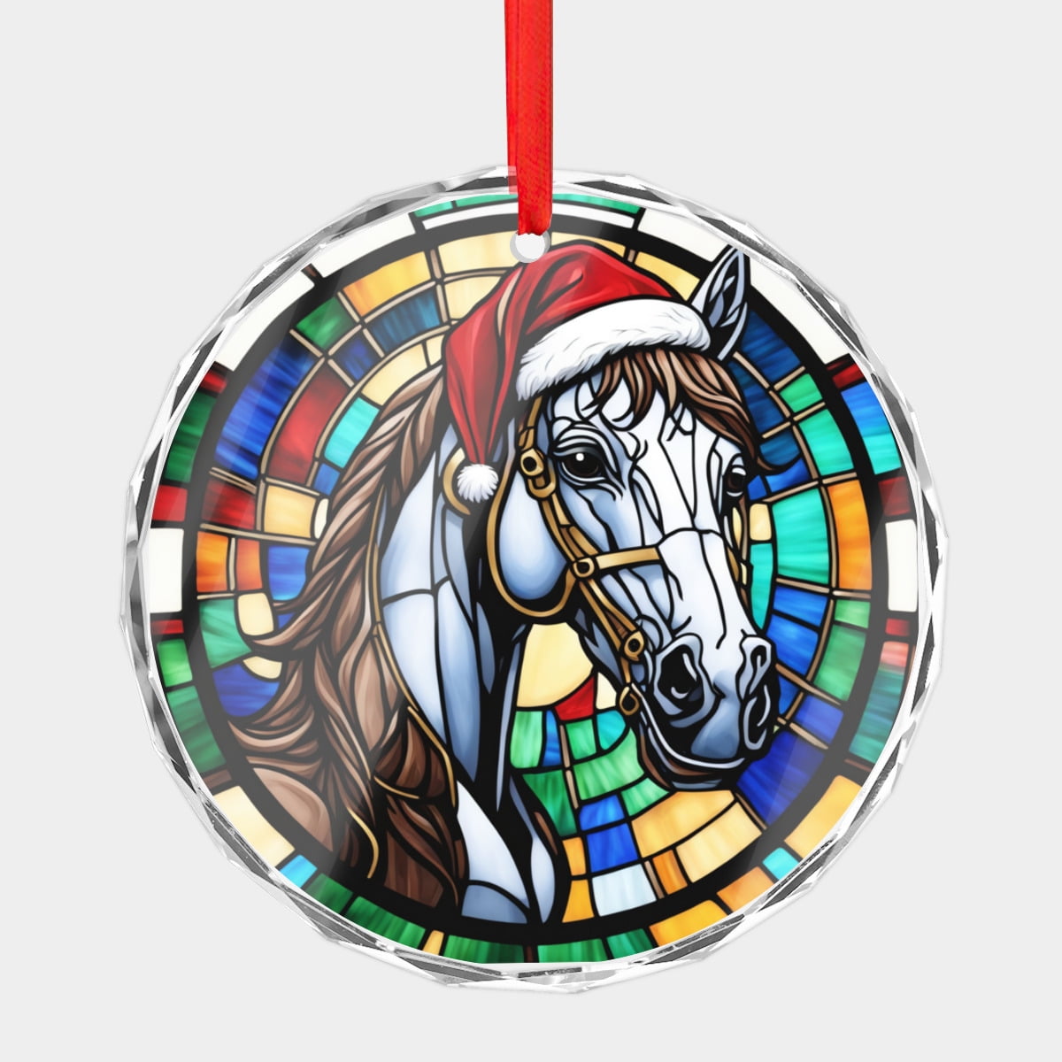Crystal Glass Christmas Ornament White Horse in a Santa Hat Stained ...