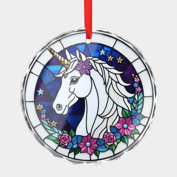 Crystal Glass Christmas Ornament White Unicorn with Flowers Stained Glass Style (Flat Design, Not Raised) Unicorns Lover Holiday Ornaments for Xmas Tree