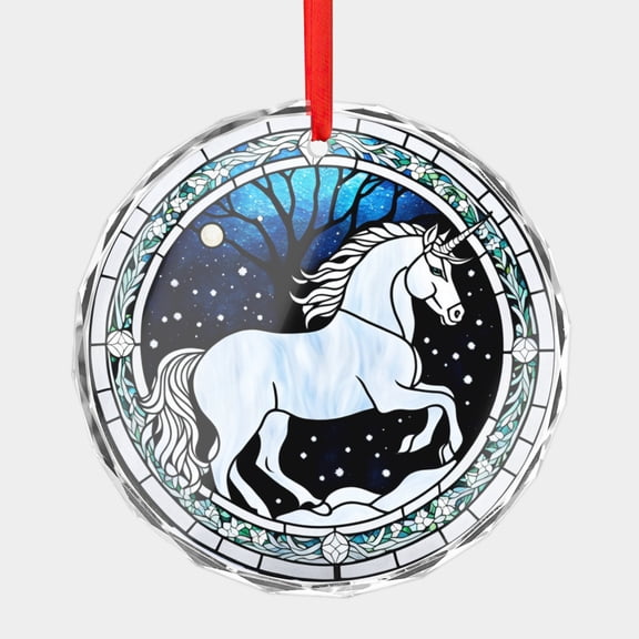 Crystal Glass Christmas Ornament White Unicorn on a Snowy Evening Stained Glass Style (Flat Design, Not Raised) Unicorns Lover Holiday Ornaments for Xmas Tree