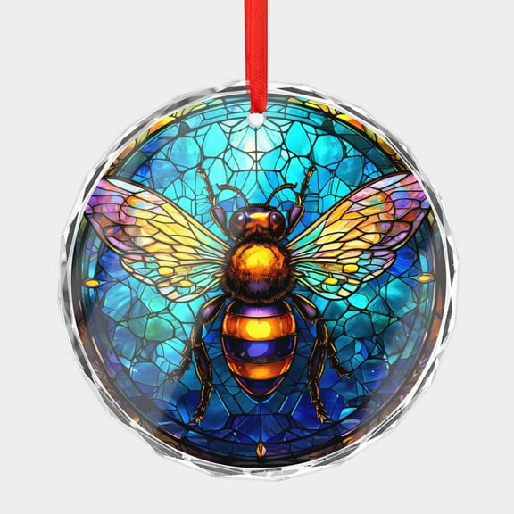 Crystal Glass Christmas Ornament Winged Bee Stained Glass Style (Flat Design, Not Raised) Bumble Bee Queen Blue Mosaic Bumblebee Flat Print Design Holiday Ornaments for Xmas Tree