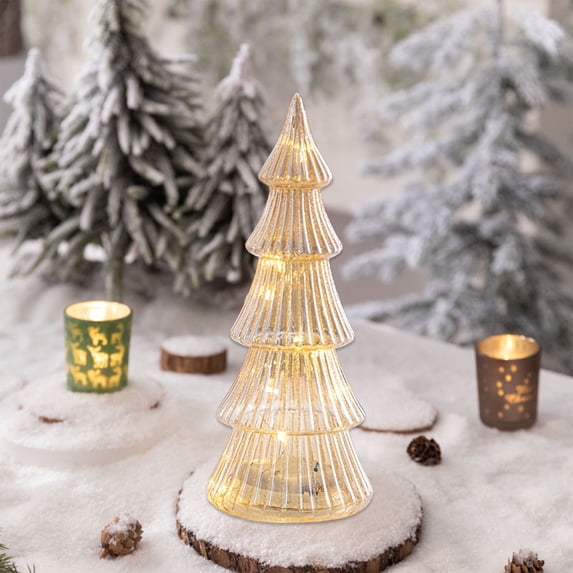 Crystal Glass Christmas Tree Night Light, Warm White LED Holiday Centerpiece Decor for Tabletop Mantel Shelf Home Office, Glowing Xmas Ornament (Champagne Gold, Large Size, 3 AA Battery Needed)