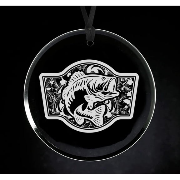 Crystal Glass Circle Ornament Keepsake Gift Bass Fish Scroll Pattern