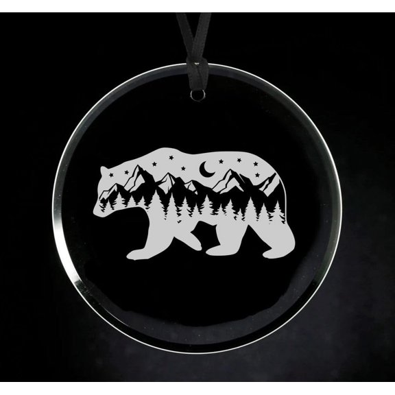 Crystal Glass Circle Ornament Keepsake Gift Bear Mountains Forest Cabin
