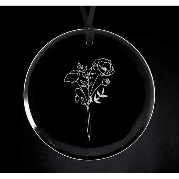 Crystal Glass Circle Ornament Keepsake Gift Birth Month Flowers (August - Poppy)