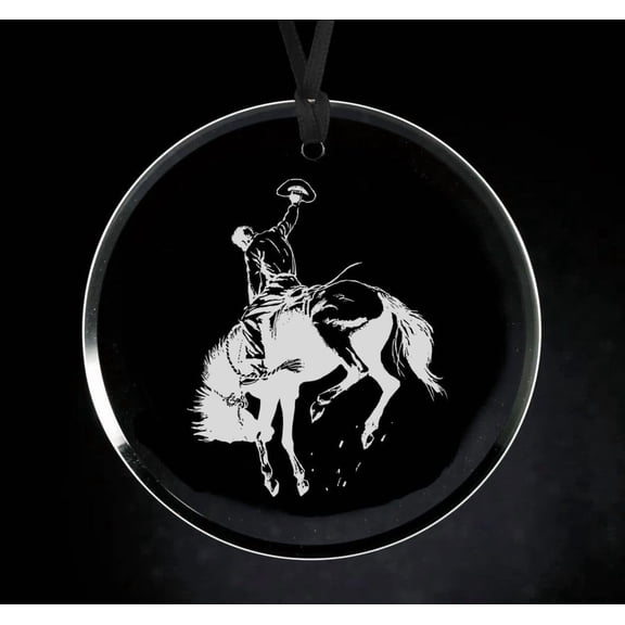 Crystal Glass Circle Ornament Keepsake Gift Bronco Buster Rodeo Western Cowboy Horse