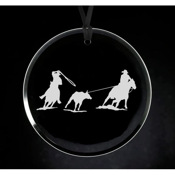Crystal Glass Circle Ornament Keepsake Gift Cowboy Roping Cattle Rodeo Horse
