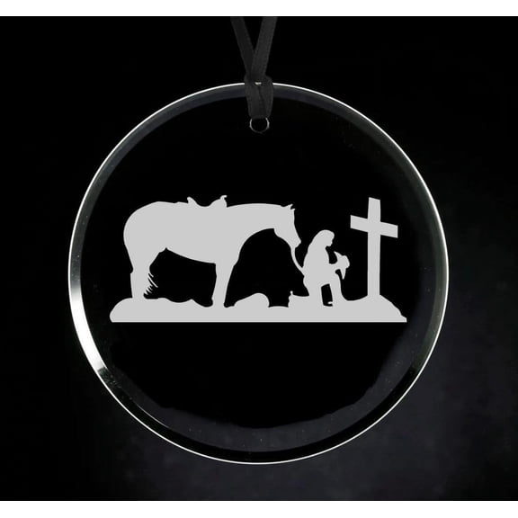 Crystal Glass Circle Ornament Keepsake Gift Cowgirl Praying Cross Horse