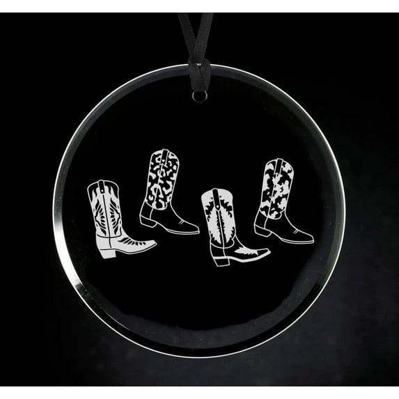 Crystal Glass Circle Ornament Keepsake Gift Western Boots Cowgirl Cowboy
