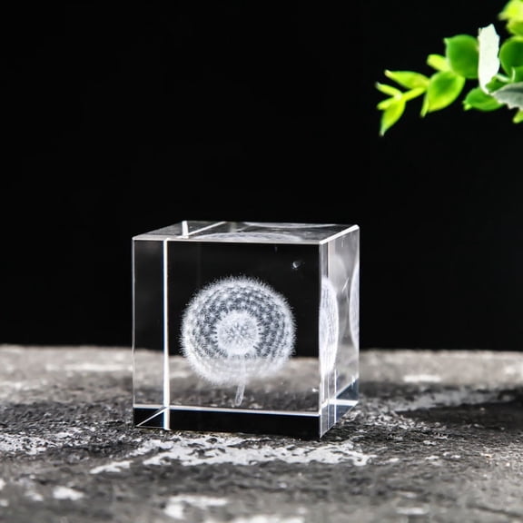 Crystal Glass Cube Solid Ornaments Art Mini 2.41Inch Clear Sphere Display Sculpture Decor Miniature Ornaments for Home Office Decoration60MMDandelion Cube