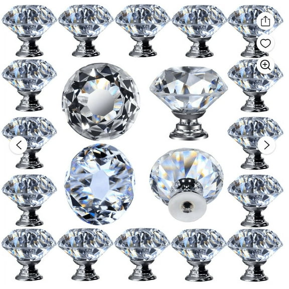 Crystal Glass Drawer Knobs 12 PCS, 1-1/4" Decorative Cabinet Pulls for Kitchen Bathroom Dresser Cupboard, Clear Crystal Hardware with Installation Bolts Included