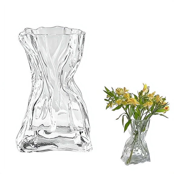Crystal Glass Flower Vase Irregular Crinkle Paper Bag Shape Glass Vase, Wide Mouth Pleated Vases Wide Mouth, Art Decorative Vases for Wedding, Party, Home, Dining, Bookshelf