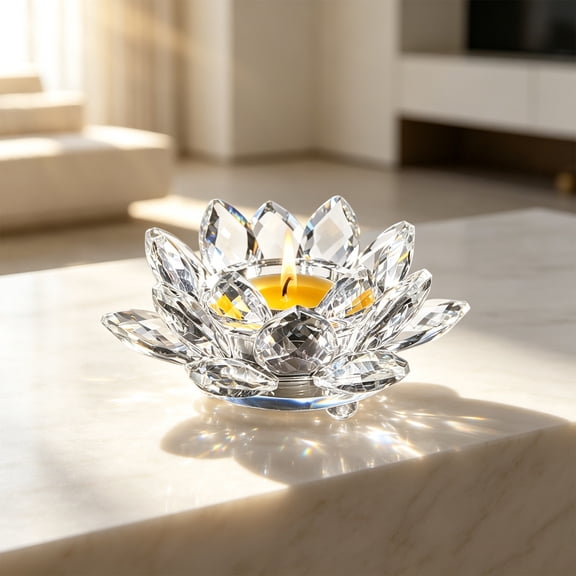 Crystal Glass Lotus Candlestick Holder for Tea Light, Elegant Home Altar Decorative Candle Stand, Handcrafted Faceted Ornament for Wedding Party and Spiritual Decor