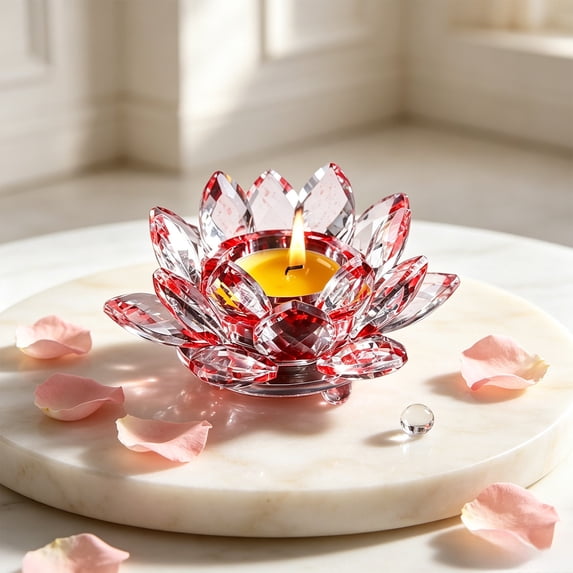 Crystal Glass Lotus Candlestick Holder for Tea Light, Elegant Home Altar Decorative Candle Stand, Handcrafted Faceted Ornament for Wedding Party and Spiritual Decor