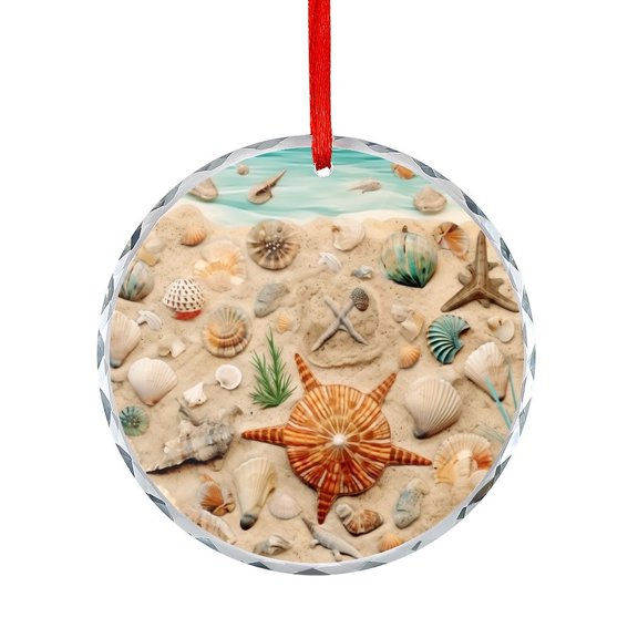 Crystal Glass Ornament Beach Sand Shell Round Ornament Ocean Beach Nautical Print Holiday Decorations And Xmas Gift Ideas