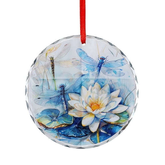 Crystal Glass Ornament Blue Dragonflies with Water Lily Flowers Round Ornament Water Lily Flower with Green Leaf Plant Hanging Craft Collectibles for Xmas Trees Home Party Gifts