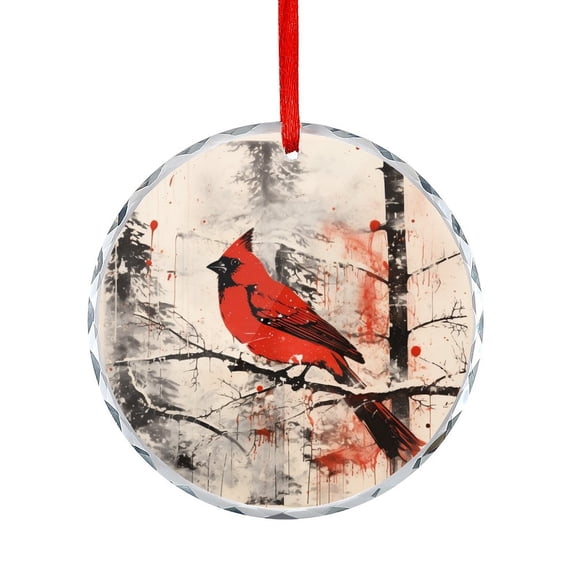 Crystal Glass Ornament Red Cardinal Song Scroll Christmas Christmas Ornament Round Glass Cardinal Bird Pattern Appreciation Gifts Ornaments for Xmas Tree