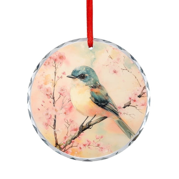 Crystal Glass Ornament Spring Bird with Cherry Blossoms Glass Round Ornaments Pink Floral Bird for Xmas Tree