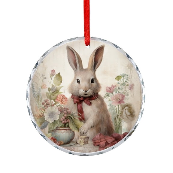 Crystal Glass Ornament Watercolor White Rabbit With Spring Flowers Christmas Ornaments 2025 Easter Floral Garland Bunny Spring Rabbit for Home Office Xmas Tree Decor