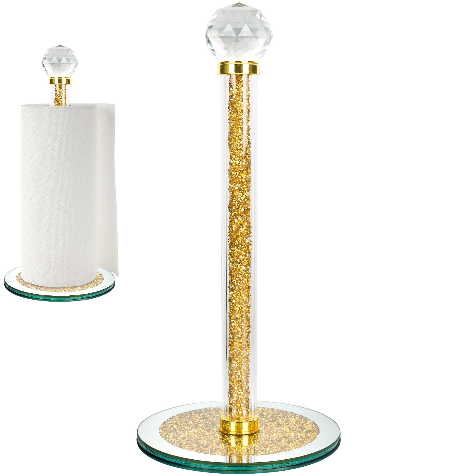 Crystal Glass Paper Towel Holder with Gold Glitter: Dazzling Kitchen & Bathroom Decor
