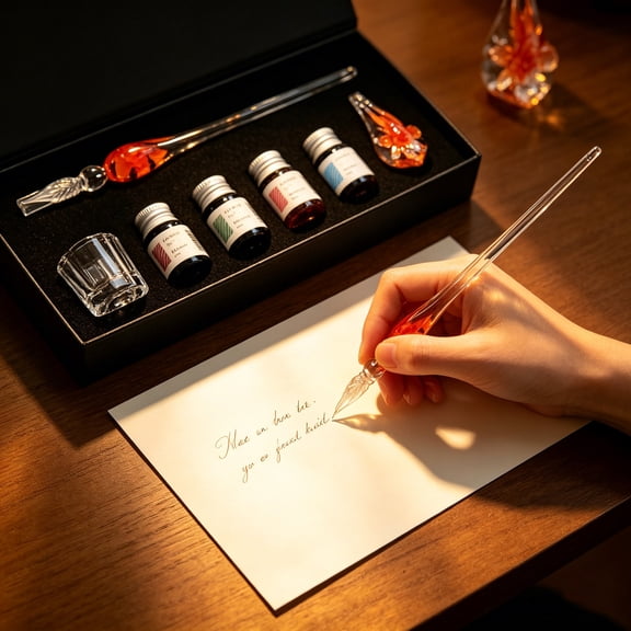 Crystal Glass Pen Set with Ink Bottles, Flower Design Writing Instrument with Pen Stand and Cleaning Brush, Elegant Gift for Birthdays and Journaling