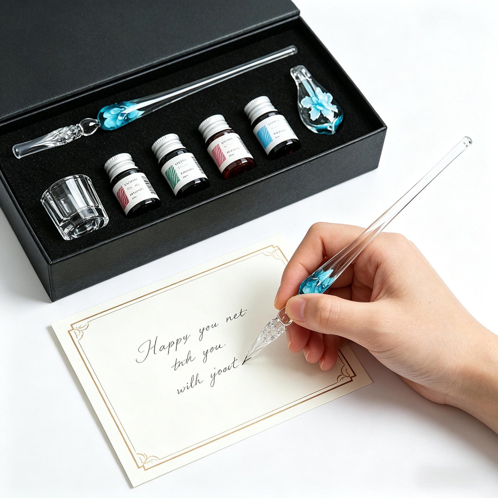 Crystal Glass Pen Set with Ink Bottles, Pen Rack and Brush Washing Cup ...