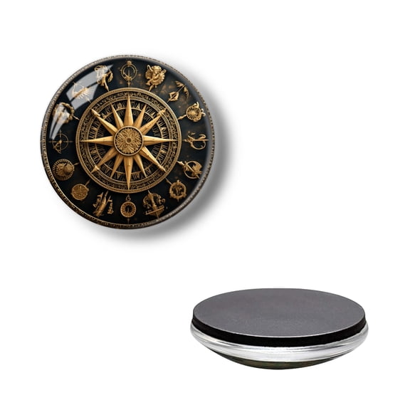 Crystal Glass Refrigerator Magnet Fridge Sticker, Zodiac Signs on Ancient Compass Round Heavy Duty Fridge Magnets for Kitchen, Office Whiteboards, Locker and Dishwasher (1.18*1.18 Inch)