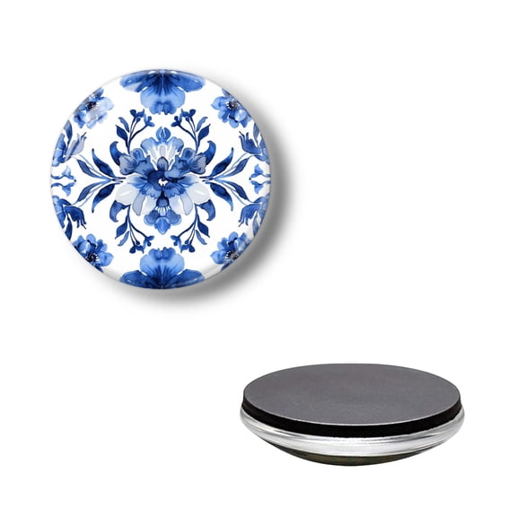 Crystal Glass Refrigerator Magnets for Fridge, Blue and White Floral Flower Round Strong Decorative Fridge Magnets for Kitchen Home Decor, Office Whiteboard and Lockers (1.18*1.18 Inch)