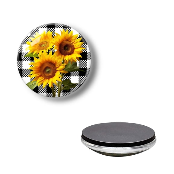 Crystal Glass Refrigerator Magnets for Fridge, Sunflowers on Checkered Background Round Strong Decorative Fridge Magnets for Kitchen Home Decor, Office Whiteboard and Lockers (1.18*1.18 Inch)