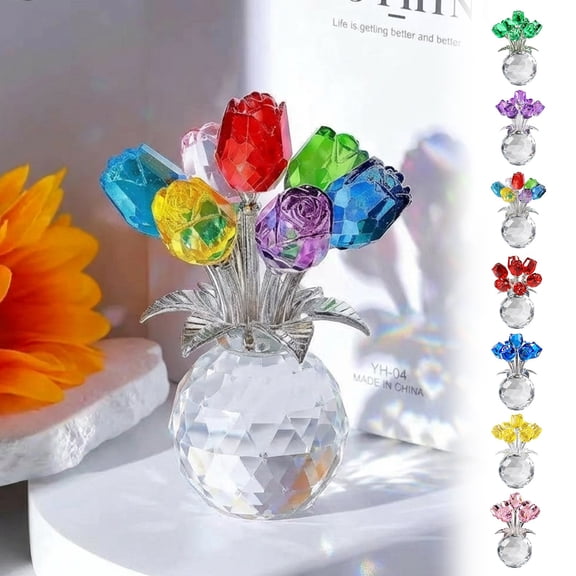 Crystal Glass Rose Bouquet Decorative Ornament, Transparent Lifelike Flower Ornaments, Ideal Valentine’s Day Gift for Loved Ones, Home Decor Accent for Living Room Bedroom Tabletop, 4*3in, Multicolor