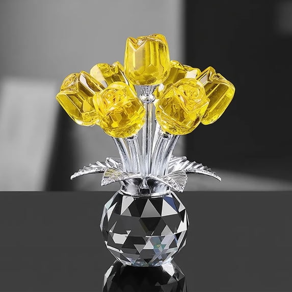 Crystal Glass Rose Bouquet, Transparent Artificial Flower Arrangement in Vase, 4.33 Inch Home Table Decor, Gift for Valentine's Day, Anniversary Yellow