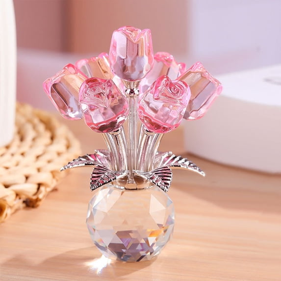 Crystal Glass Rose Bouquet, Transparent Artificial Flower Arrangement in Vase, 4.33 Inch Home Table Decor, Gift for Valentine's Day, Anniversary Pink