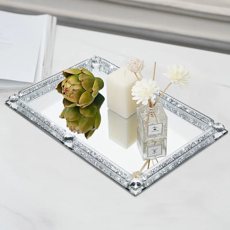 Crystal Glass Tray, Mirror Modern Jewelry Trinket Tray with